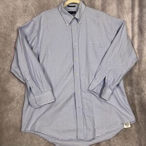 Lands' End Men's 17-33 Hyde Park Blue Check Button Down 100% Cotton Shirt